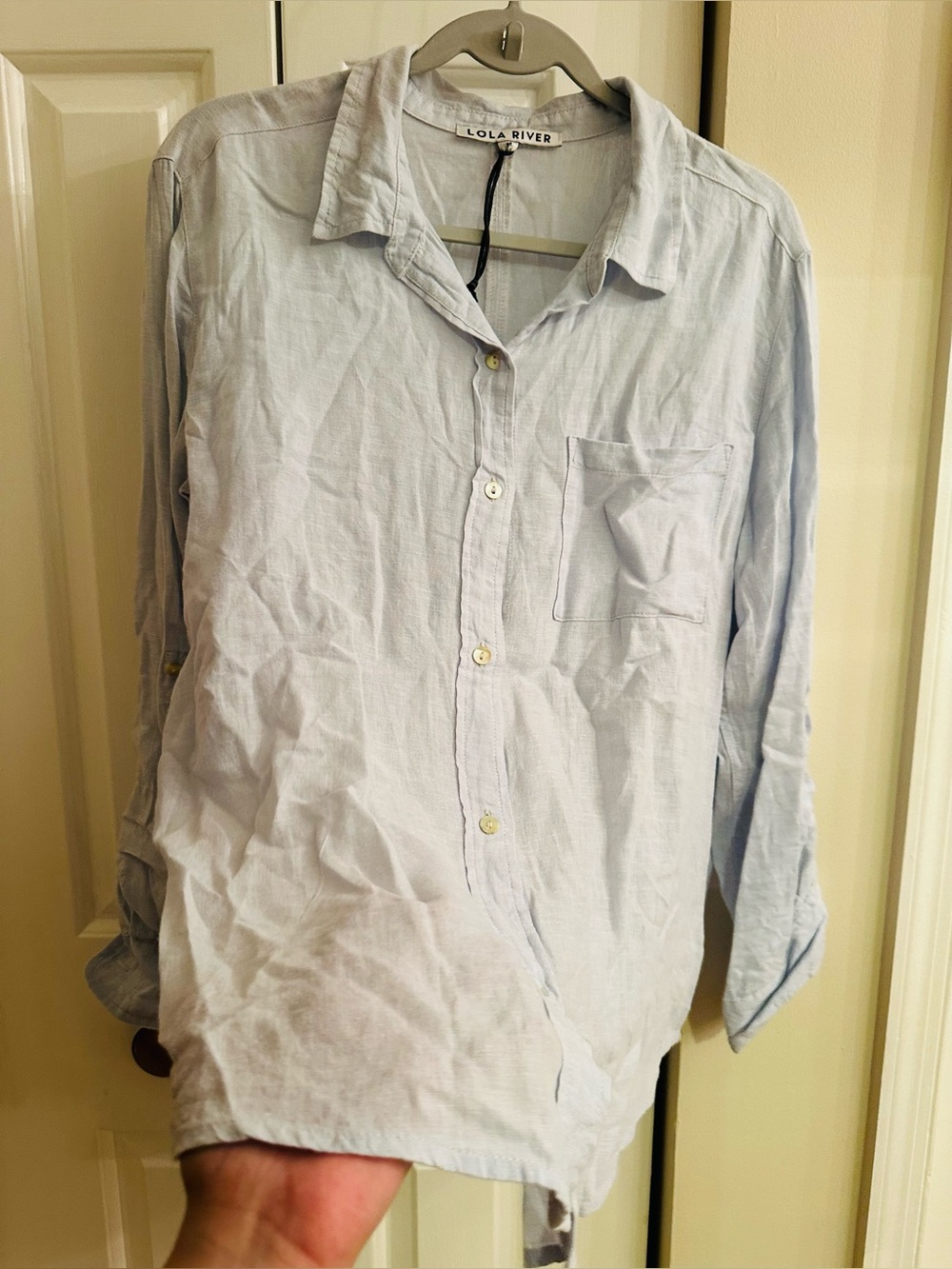 Lola River Light Blue Button-Down Linen Shirt - size M. - Picture 6 of 9